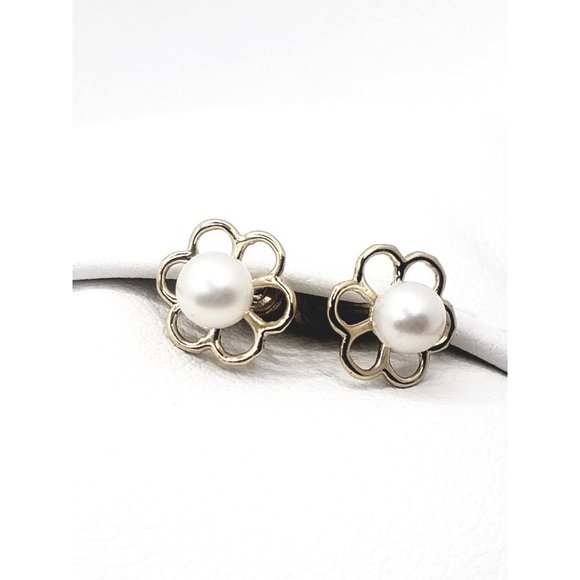 Flower Pearl Baby / Toddler / Kids Earrings Safety Screw Back - 14k Gold - Picture 9 of 11